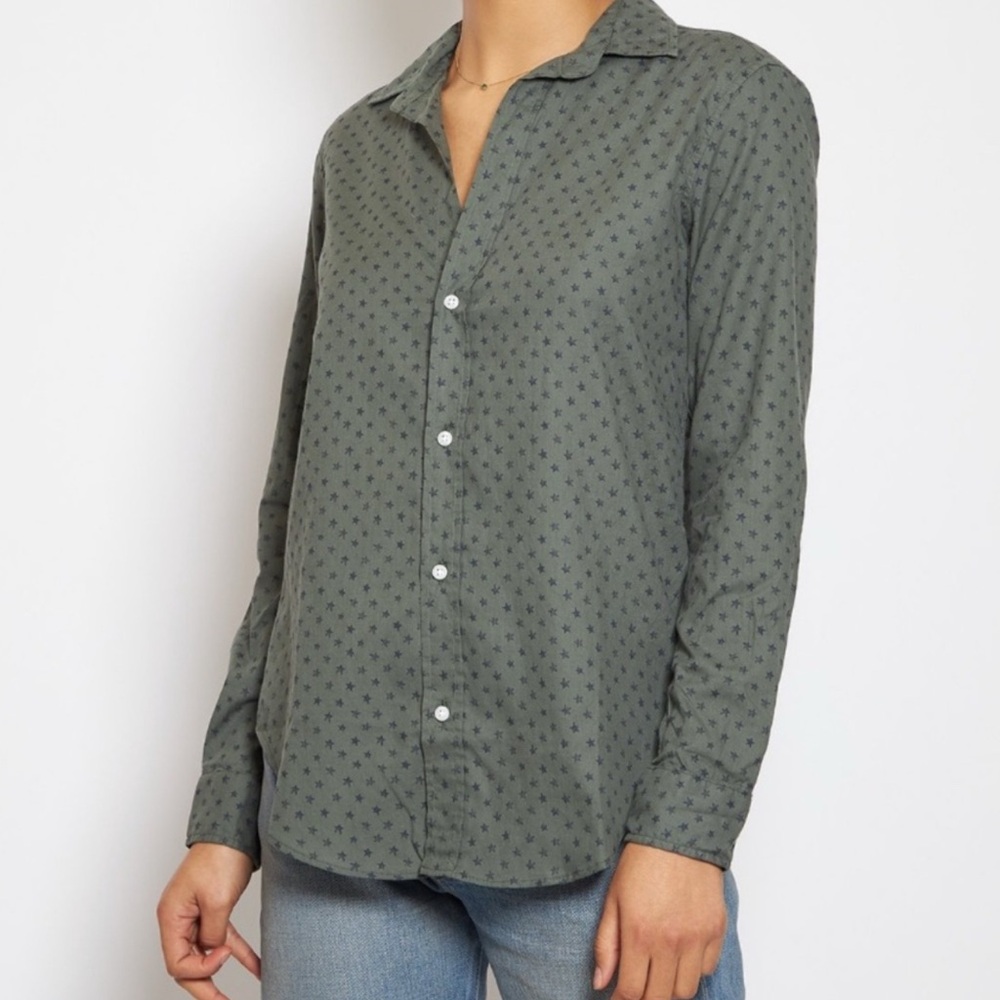 FRANK & EILEEN Barry  Shirt Women’s Army Green Long Sleeve SZ S Tiny Hole